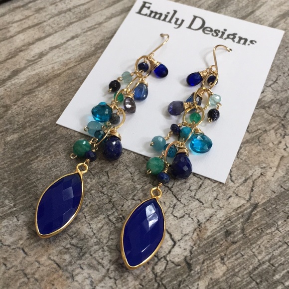 Cobalt chalcedony cluster earrings gold fill